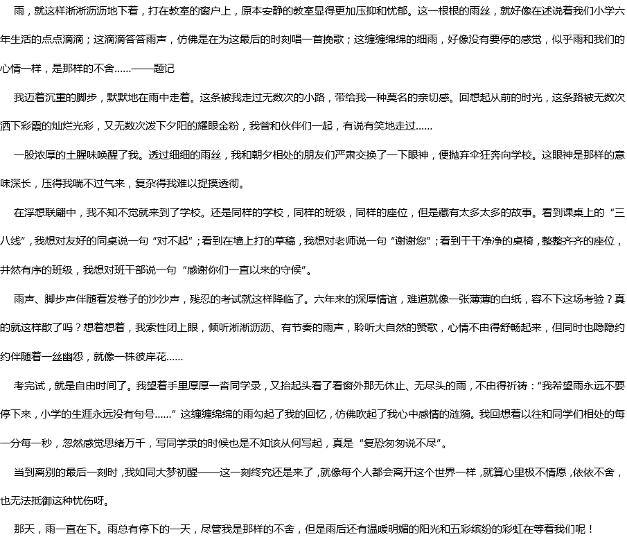 2020年中考滿分作文參考范文：那天，雨一直下